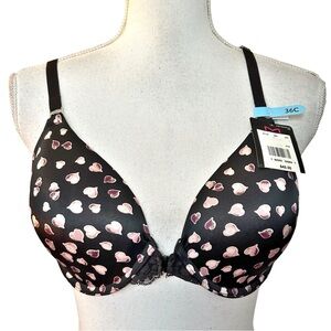 Maidenform Pure Genius T-Back Bra with Lace SZ 36C Rose Petal Heart Black NEW